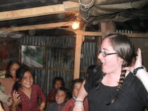 Crystal playing Little Sally Walker with the school children of Kaule, Nepal