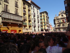 Janine and Crystal at Constitution Plaza in Pamplona for the opening of San Fermin